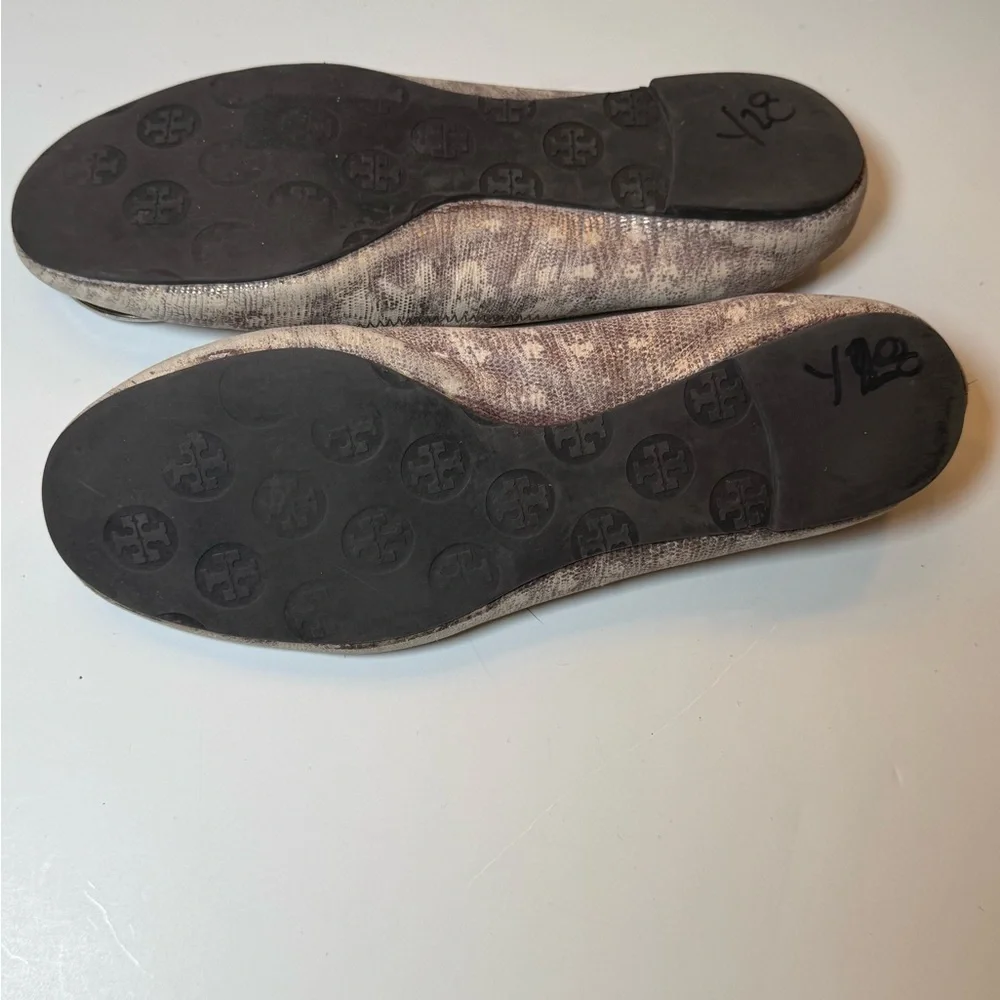 Tory Burch Snakeskin Brown Ivory Beige Leather Ballet Flats Shoes 8